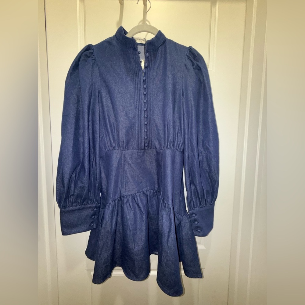 NWT. Commense. Denim Stand Collar Puff Sleeve Mini Dress. Size Small. - Picture 4 of 15